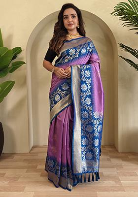Lavender Embroidered Soft Silk Saree Set With Blouse