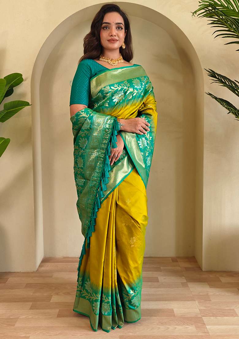 Mustard Yellow Embroidered Soft Silk Blend Saree Set With Blouse - Indya