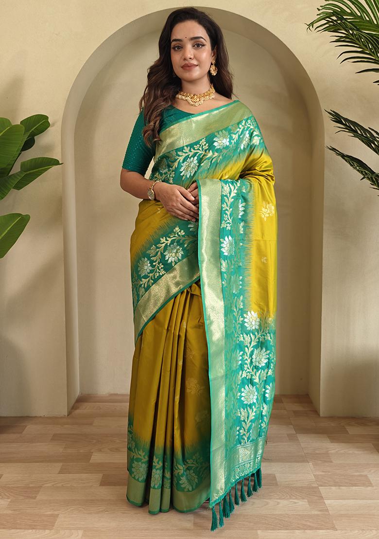 Mustard Yellow Embroidered Soft Silk Saree Set With Blouse