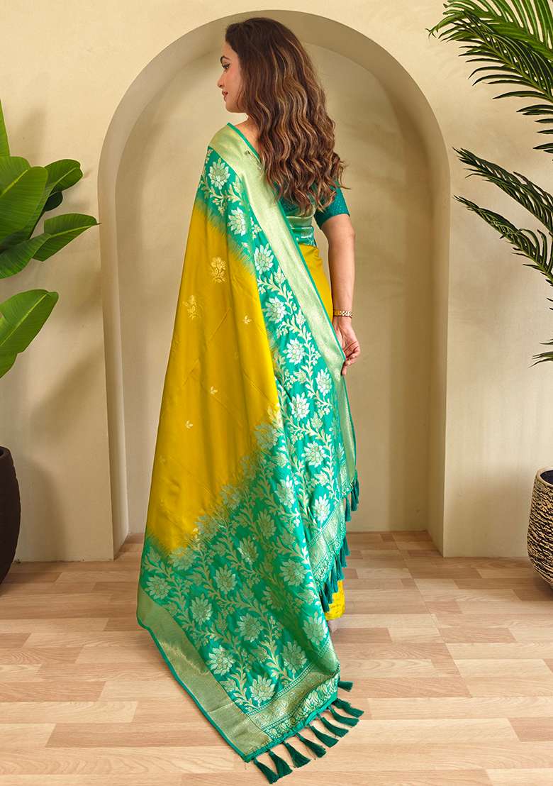 Mustard Yellow Embroidered Soft Silk Blend Saree Set With Blouse - Indya