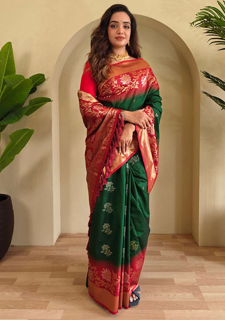 Green Embroidered Soft Silk Blend Saree Set With Blouse - Indya