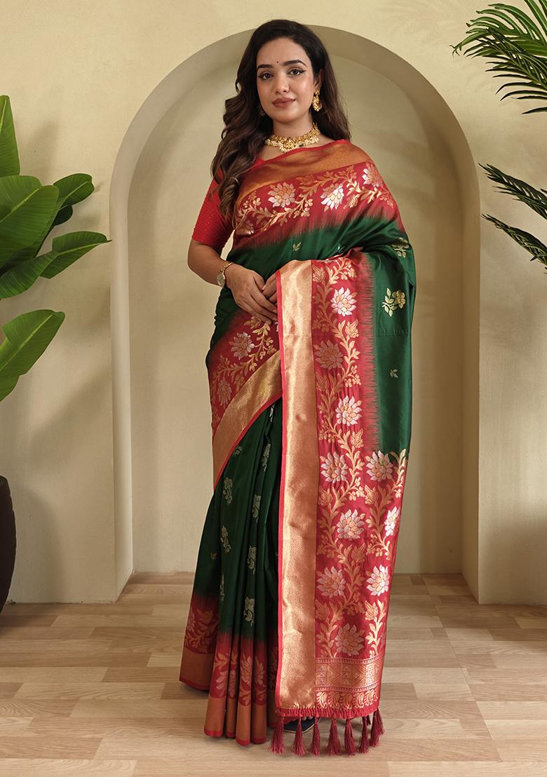 Green Embroidered Soft Silk Saree Set With Blouse