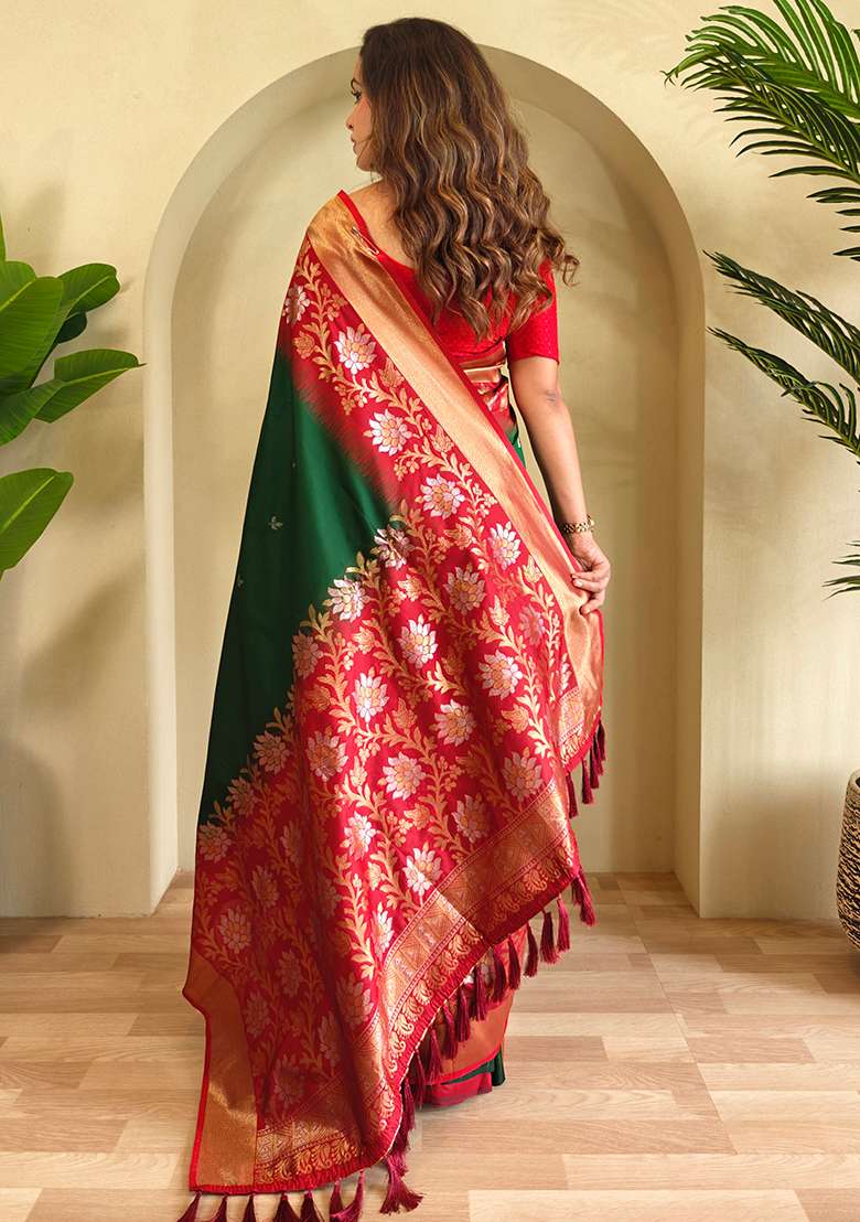 Green Embroidered Soft Silk Blend Saree Set With Blouse - Indya