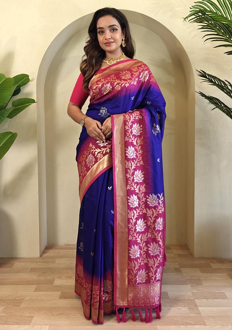 Royal Blue Embroidered Soft Silk Saree Set With Blouse