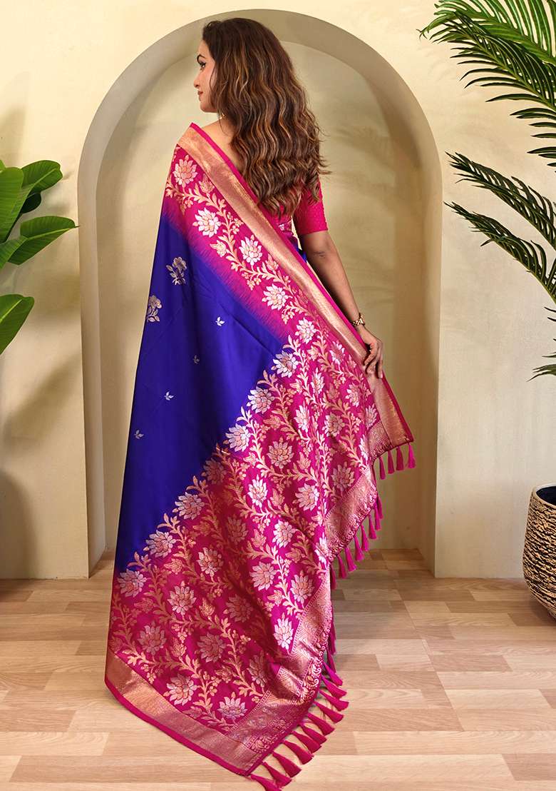 Royal Blue Embroidered Soft Silk Blend Saree Set With Blouse - Indya