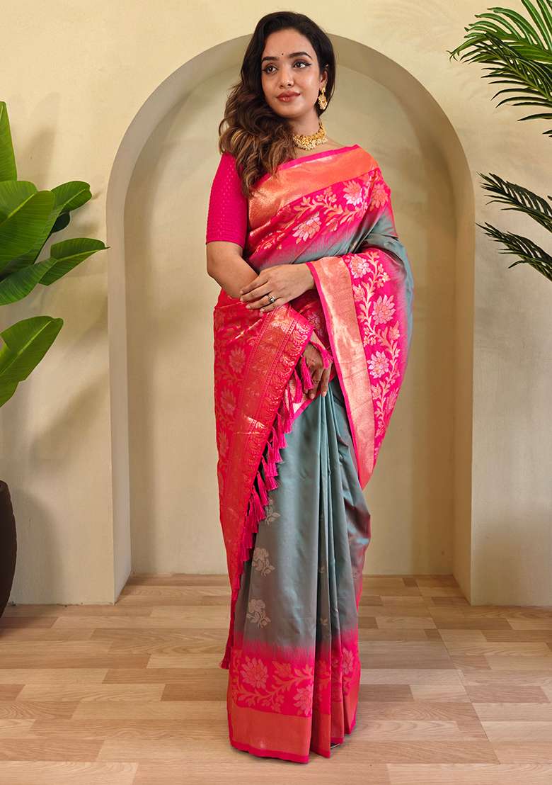 Grey Embroidered Soft Silk Blend Saree Set With Blouse - Indya
