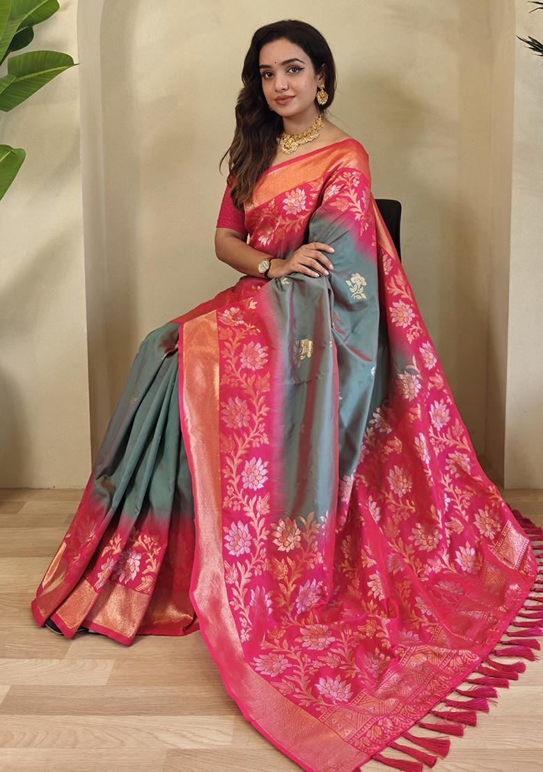 Grey Embroidered Soft Silk Saree Set With Blouse