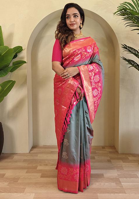Grey Embroidered Soft Silk Saree Set With Blouse