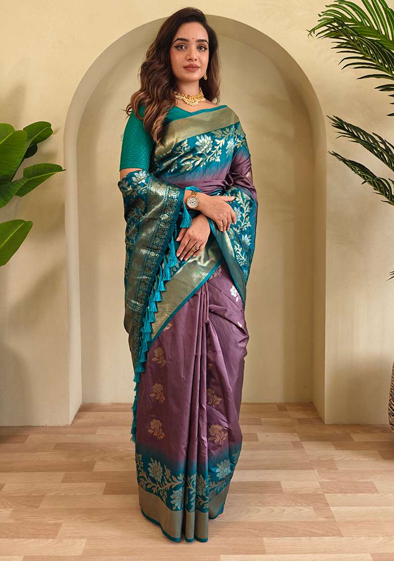 Light Grey Embroidered Soft Silk Blend Saree Set With Blouse - Indya