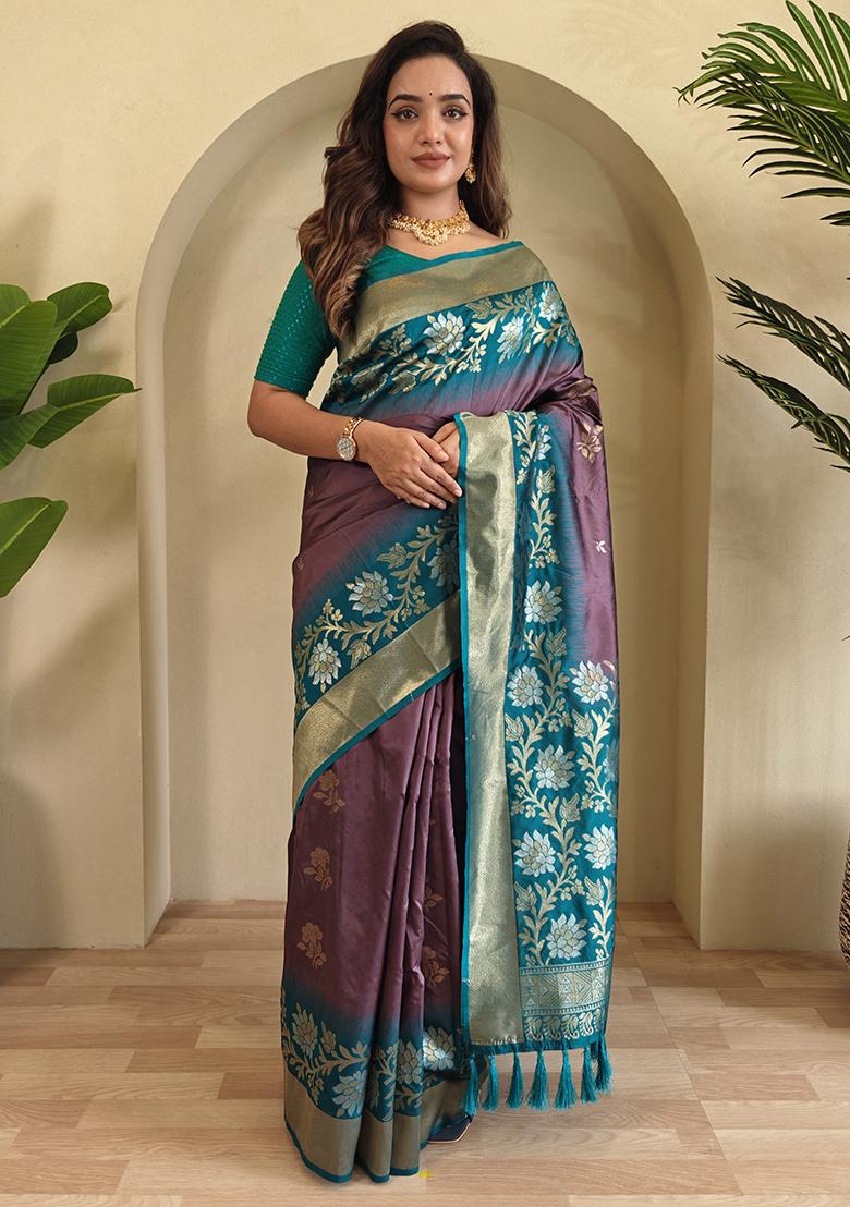 Light Grey Embroidered Soft Silk Saree Set With Blouse