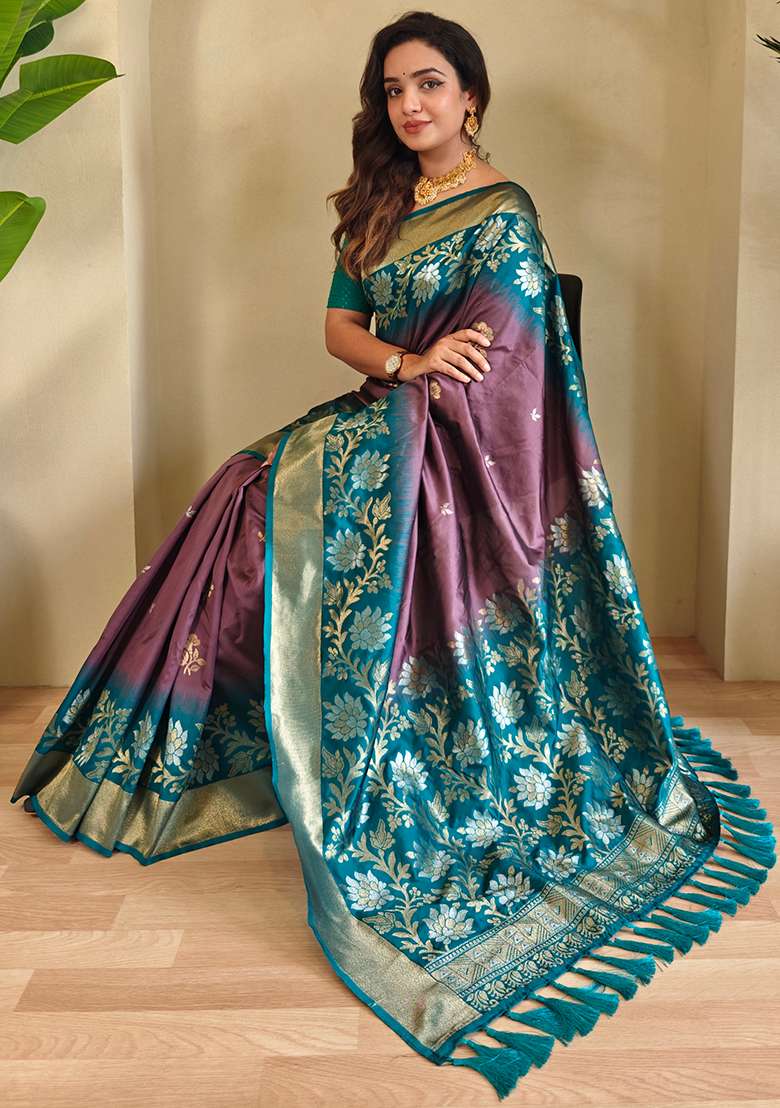 Light Grey Embroidered Soft Silk Blend Saree Set With Blouse - Indya