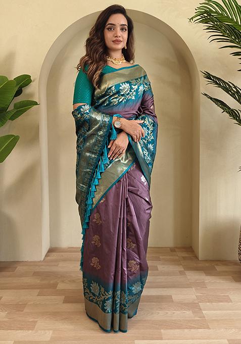 Light Grey Embroidered Soft Silk Saree Set With Blouse