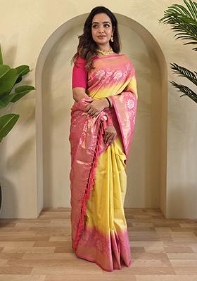 Yellow Embroidered Soft Silk Saree Set With Blouse