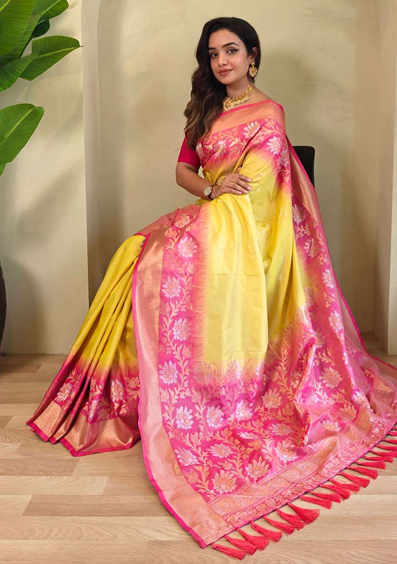 Yellow Embroidered Soft Silk Blend Saree Set With Blouse - Indya