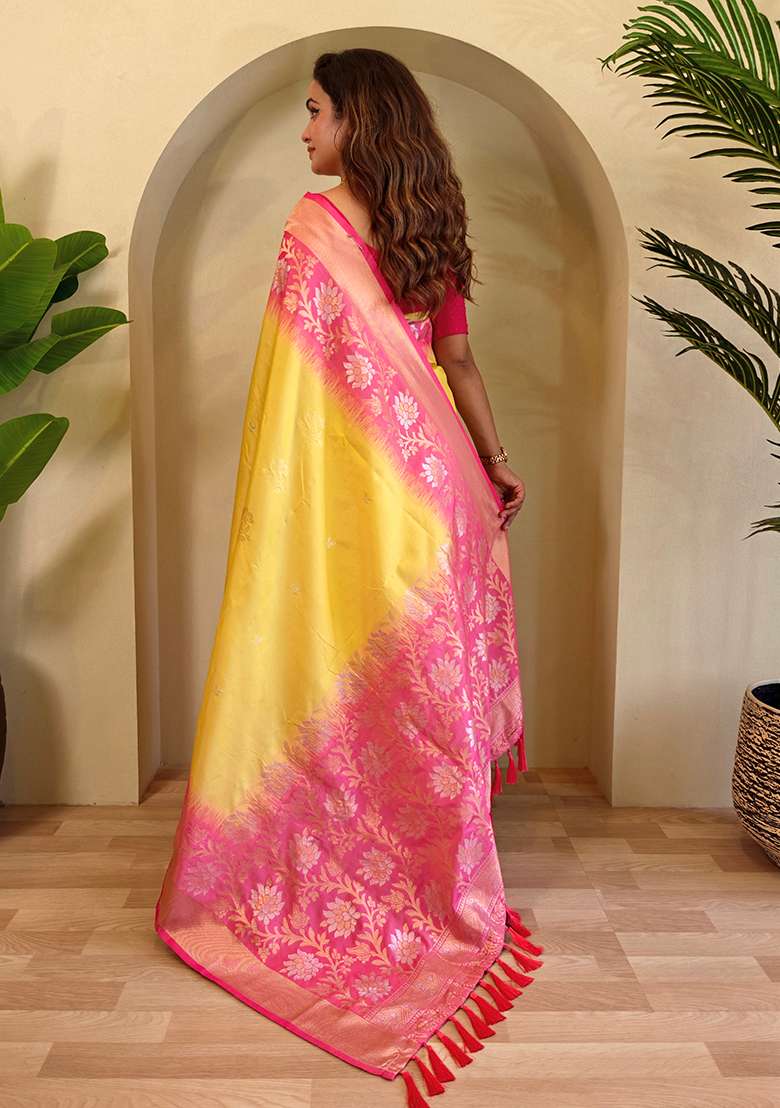 Yellow Embroidered Soft Silk Blend Saree Set With Blouse - Indya
