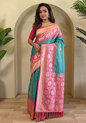 Sky Blue Embroidered Soft Silk Saree Set With Blouse