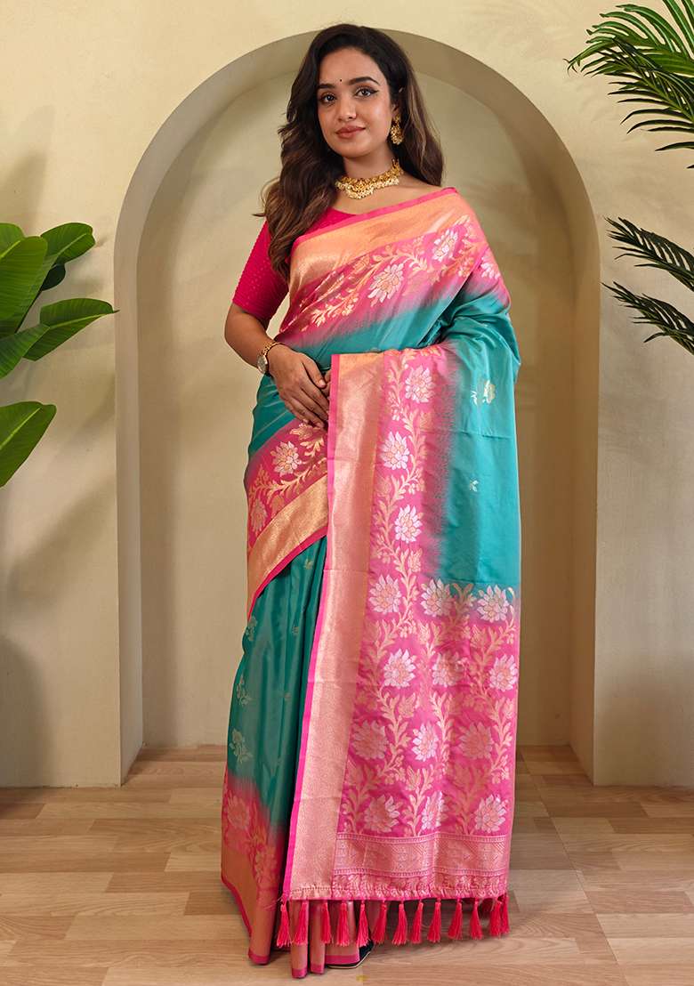 Sky Blue Embroidered Soft Silk Blend Saree Set With Blouse - Indya