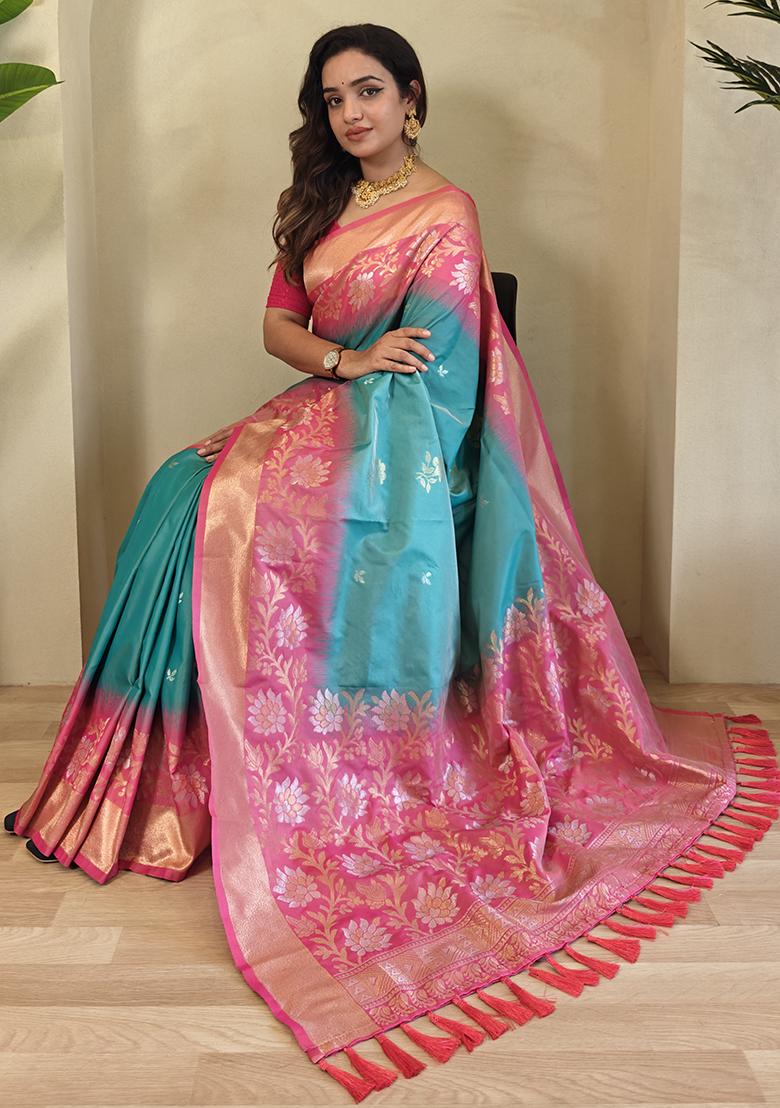 Sky Blue Embroidered Soft Silk Saree Set With Blouse