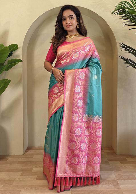 Sky Blue Embroidered Soft Silk Saree Set With Blouse