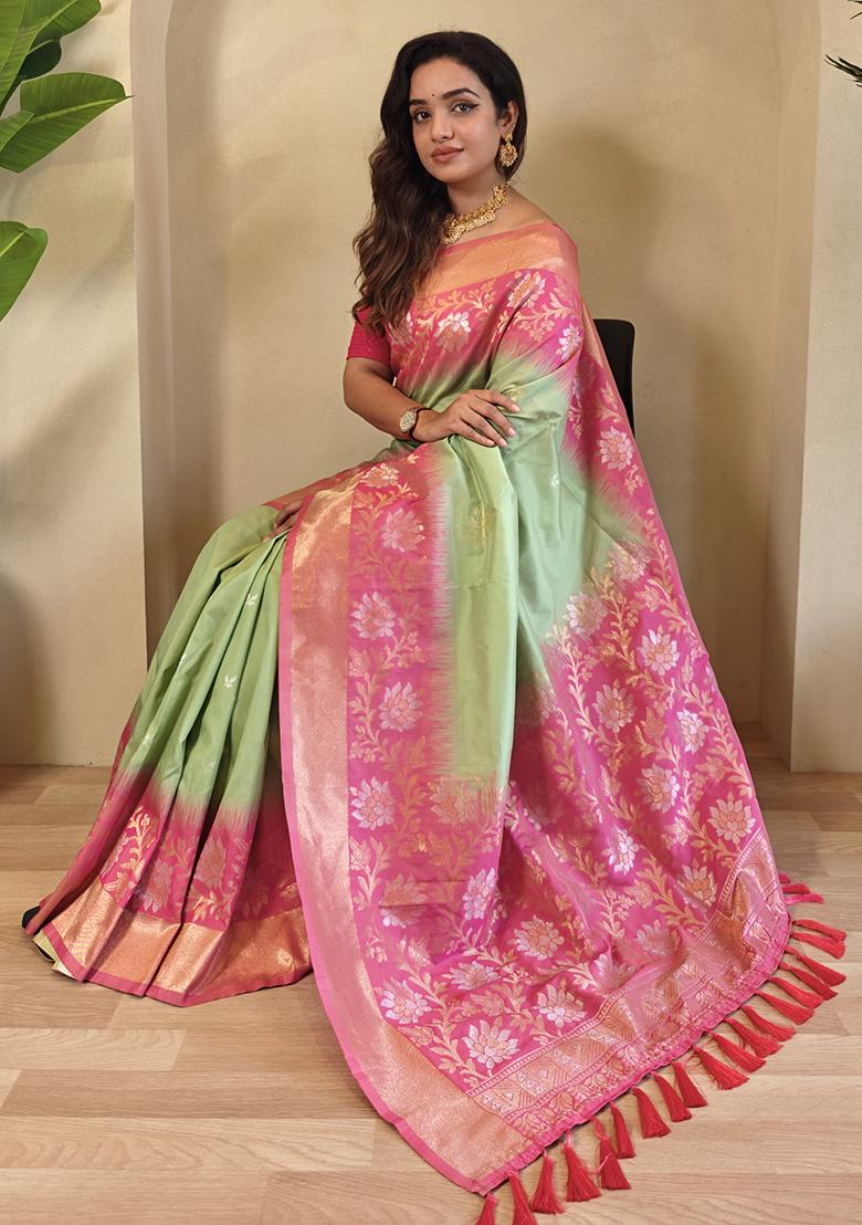 Pista Green Embroidered Soft Silk Saree Set With Blouse