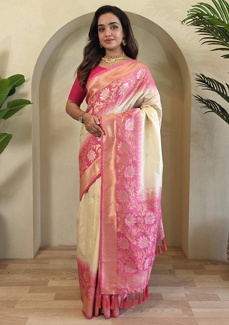 Off White Embroidered Soft Silk Saree Set With Blouse
