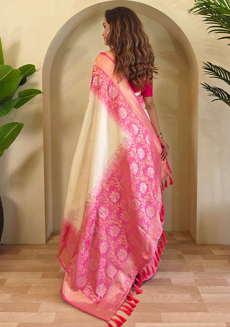 Off White Embroidered Soft Silk Blend Saree Set With Blouse - Indya