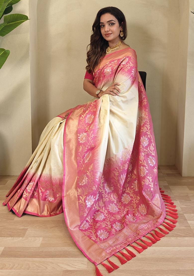 Off White Embroidered Soft Silk Saree Set With Blouse