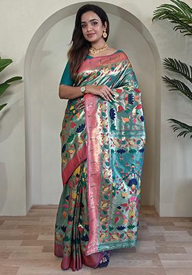 Rama Green Paithani Weaving Design Saree Silk Saree Set With Blouse