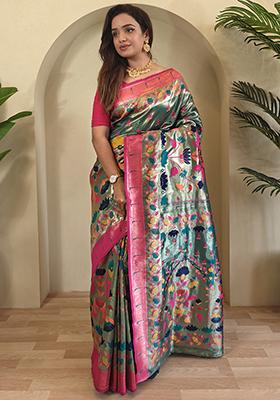 Firozi Blue Paithani Weaving Design Saree Silk Saree Set With Blouse