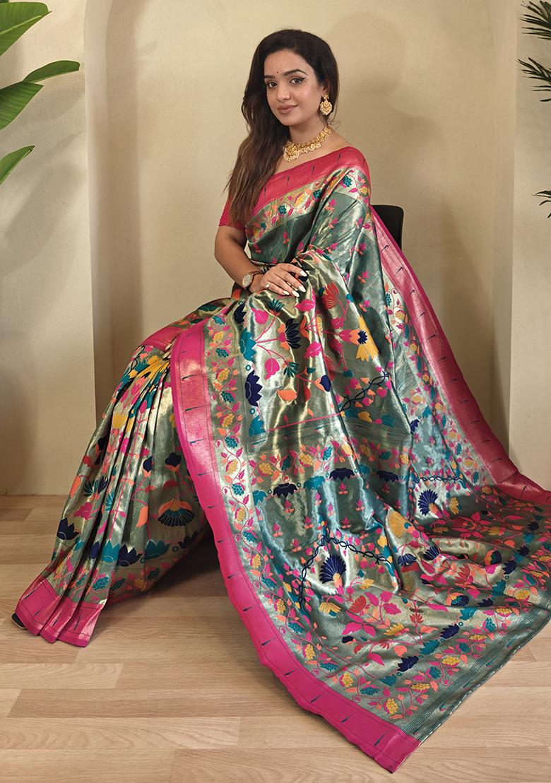 Firozi Blue Paithani Weaving Design Saree Silk Saree Set With Blouse