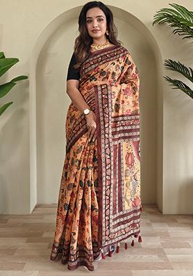 Orange Kalamkari Cotton Saree Set With Blouse