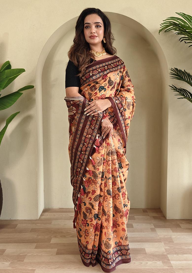 Orange Kalamkari Cotton Saree Set With Blouse