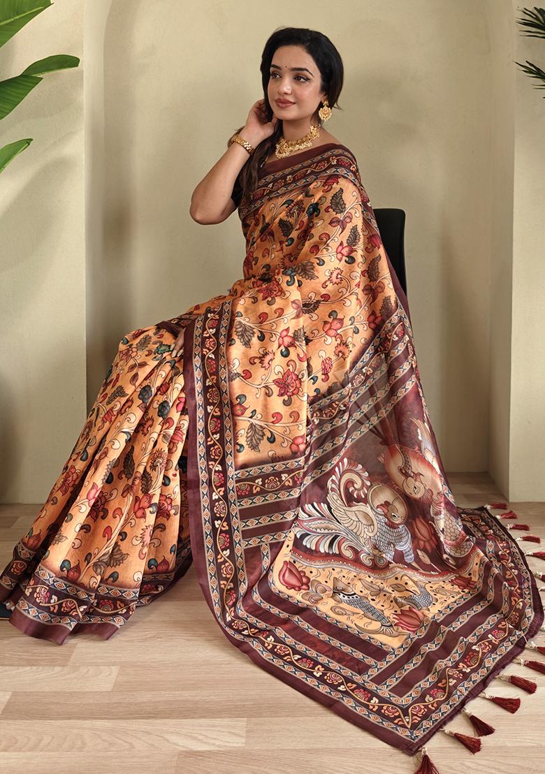 Orange Kalamkari Cotton Saree Set With Blouse