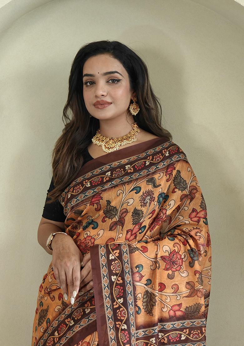 Orange Kalamkari Cotton Saree Set With Blouse