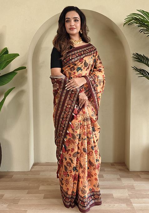 Orange Kalamkari Cotton Saree Set With Blouse
