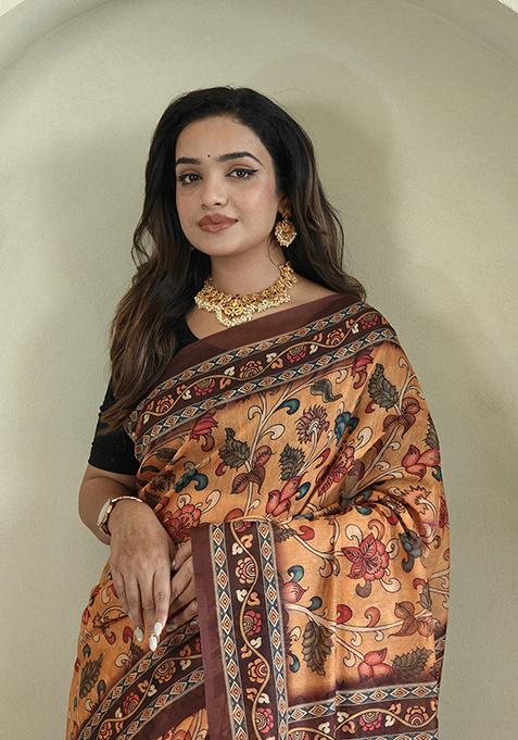 Orange Kalamkari Cotton Saree Set With Blouse