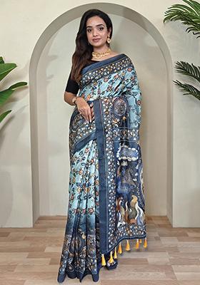 Sky Blue Kalamkari Cotton Saree Set With Blouse