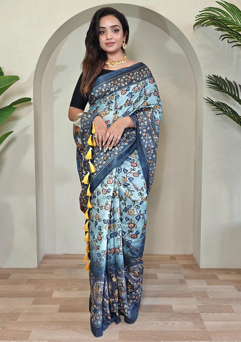Sky Blue Kalamkari Cotton Saree Set With Blouse