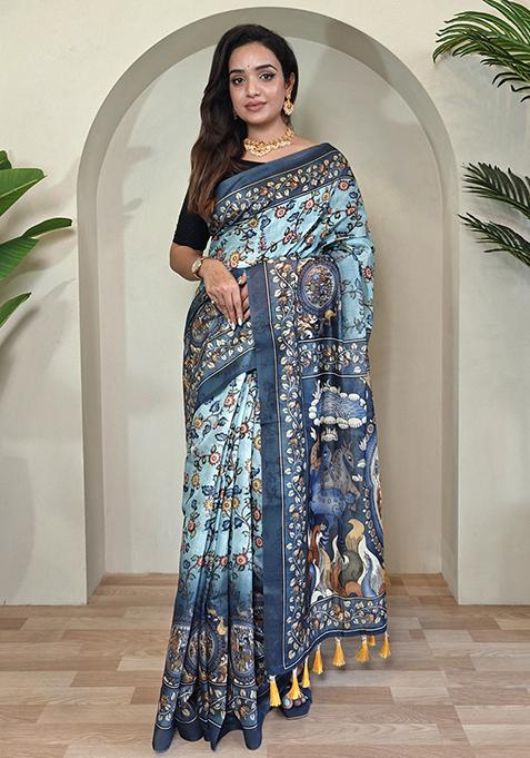 Sky Blue Kalamkari Cotton Saree Set With Blouse