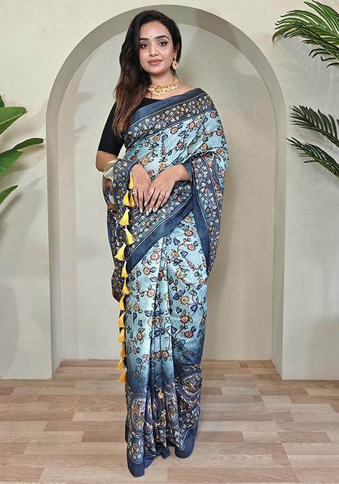 Sky Blue Kalamkari Cotton Saree Set With Blouse