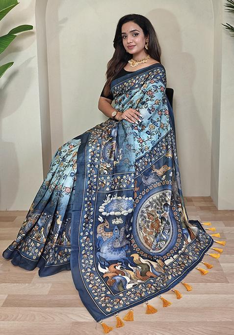 Sky Blue Kalamkari Cotton Saree Set With Blouse