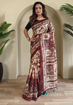 Peach Kalamkari Cotton Saree Set With Blouse