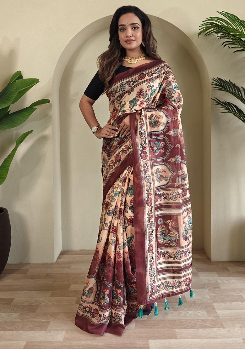 Peach Kalamkari Cotton Saree Set With Blouse