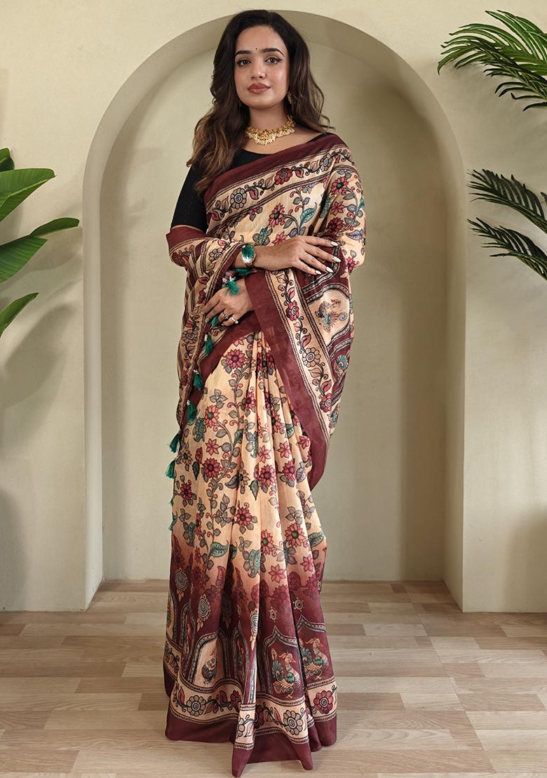 Peach Kalamkari Cotton Saree Set With Blouse