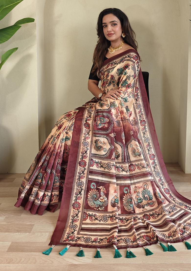 Peach Kalamkari Cotton Saree Set With Blouse