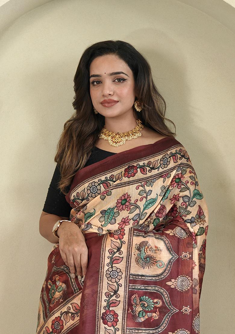 Peach Kalamkari Cotton Saree Set With Blouse