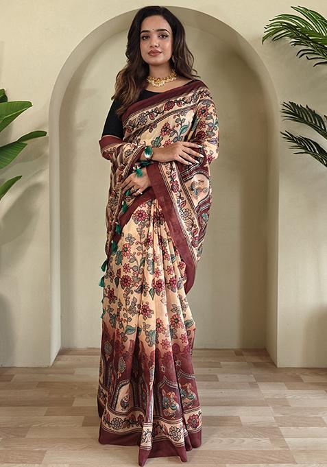 Peach Kalamkari Cotton Saree Set With Blouse