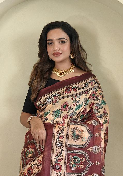 Peach Kalamkari Cotton Saree Set With Blouse