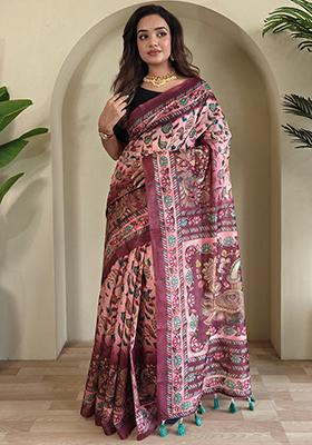 Pink Kalamkari Cotton Saree Set With Blouse