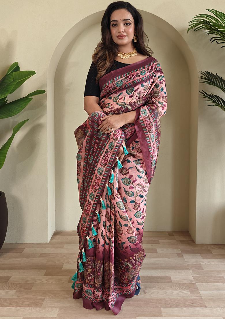 Pink Kalamkari Cotton Saree Set With Blouse